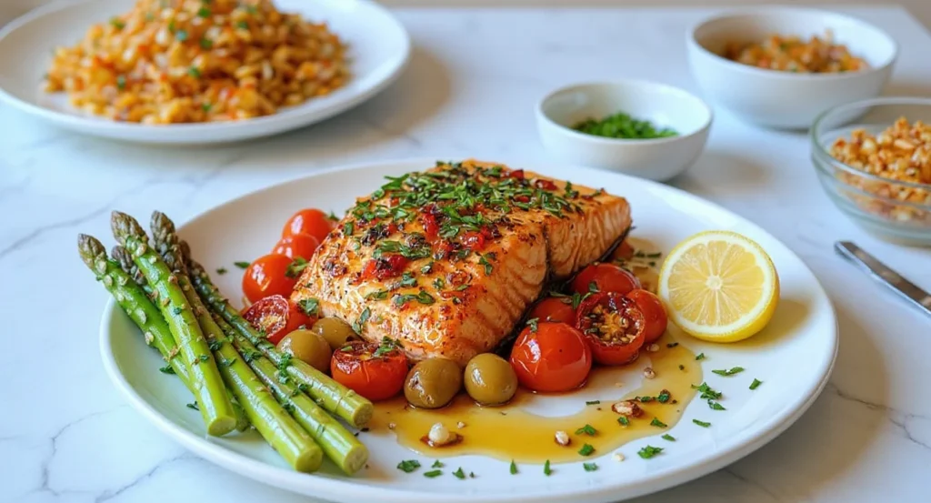 Mediterranean Salmon Recipe served with fresh asparagus, roasted cherry tomatoes, olives, and lemon slices.