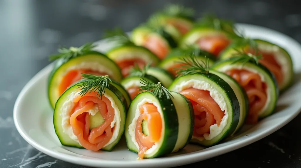 Front view of chatelaine smoked salmon roll on cucumber recipe with creamy filling and dill on top.