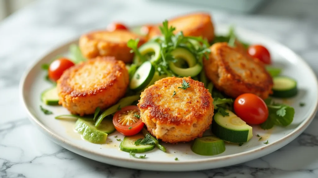 Old fashioned salmon patties recipe served with avocado, cherry tomatoes, cucumbers, and fresh herb garnish on a white ceramic plate.