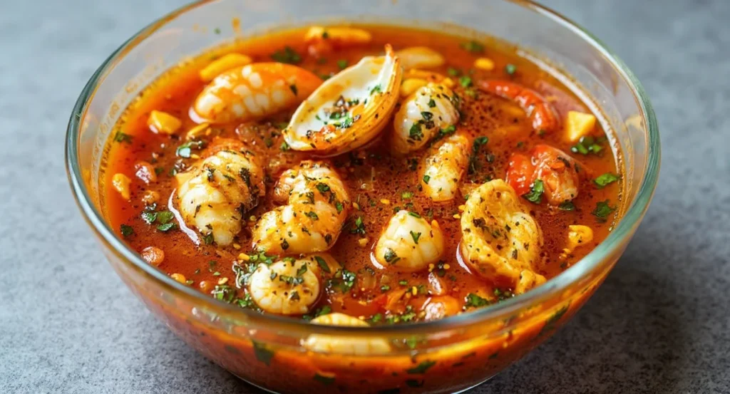 Delicious seafood boil sauce recipe served with fresh shrimp and herbs.