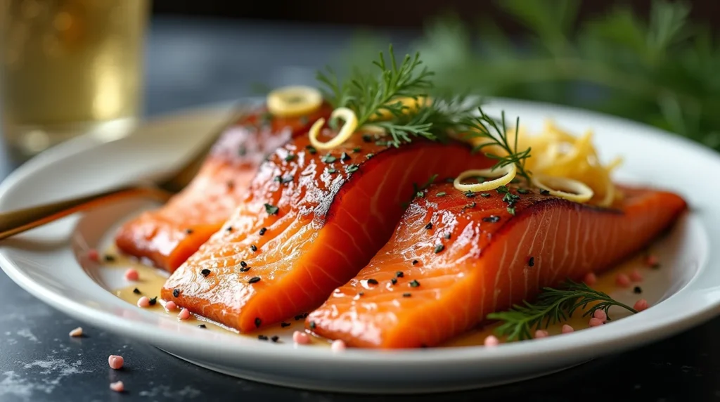 Front view of smoked salmon brine recipe with herbs, lemon zest, and black sesame seeds.