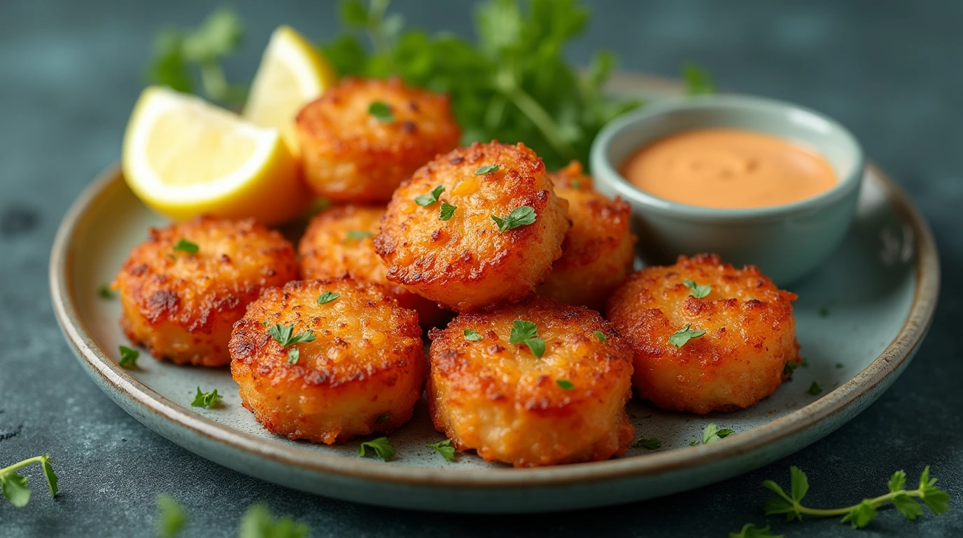 Top Creative Recipes' Salmon Bites recipe: Crispy golden-brown salmon bites garnished with parsley, served with lemon wedges and a side of creamy dipping sauce