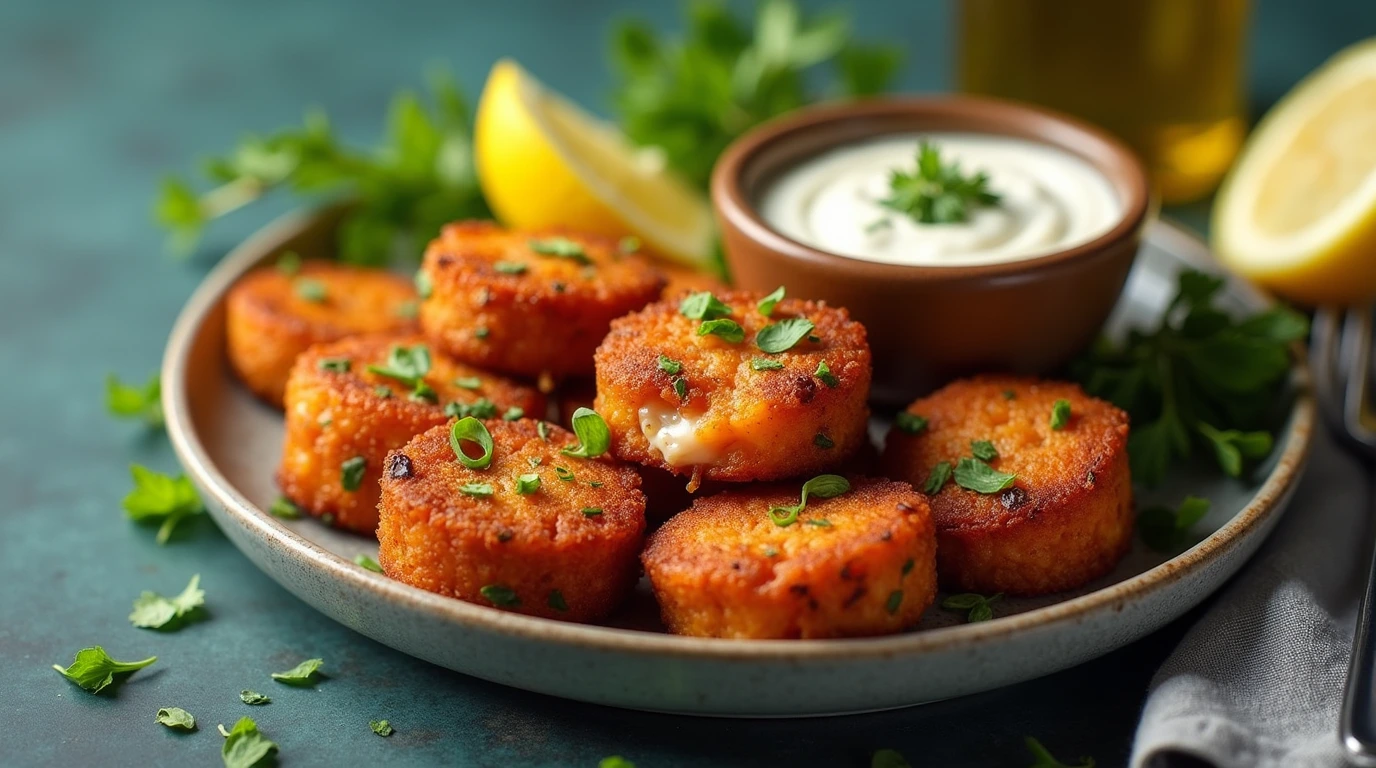salmon bites recipe Golden-brown, crispy salmon bites recipe garnished with fresh herbs, served on a plate with a small bowl of creamy dipping sauce and a lemon wedge in the background.