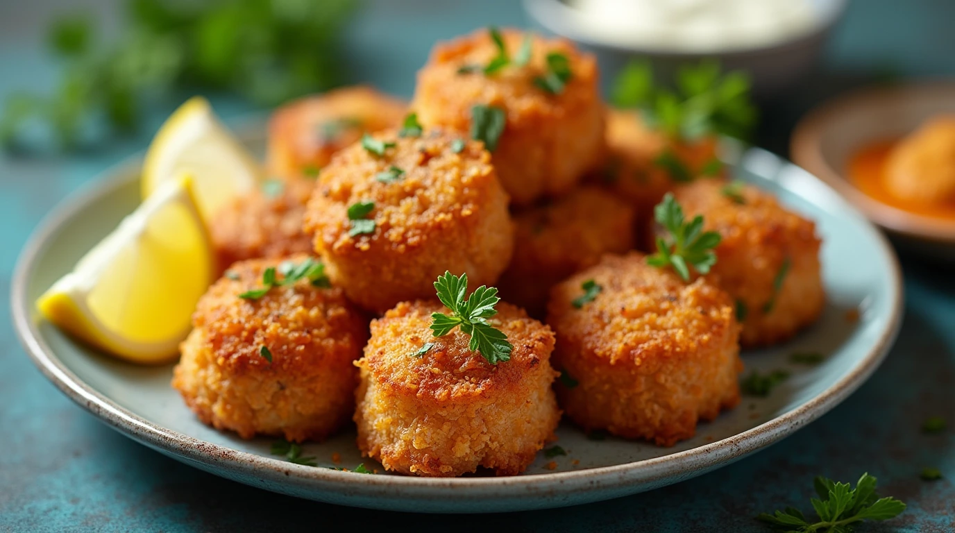 Salmon Bites Recipe from Top Creative Recipes: A plate of crispy salmon bites garnished with fresh parsley and lemon wedges, ideal for gatherings.