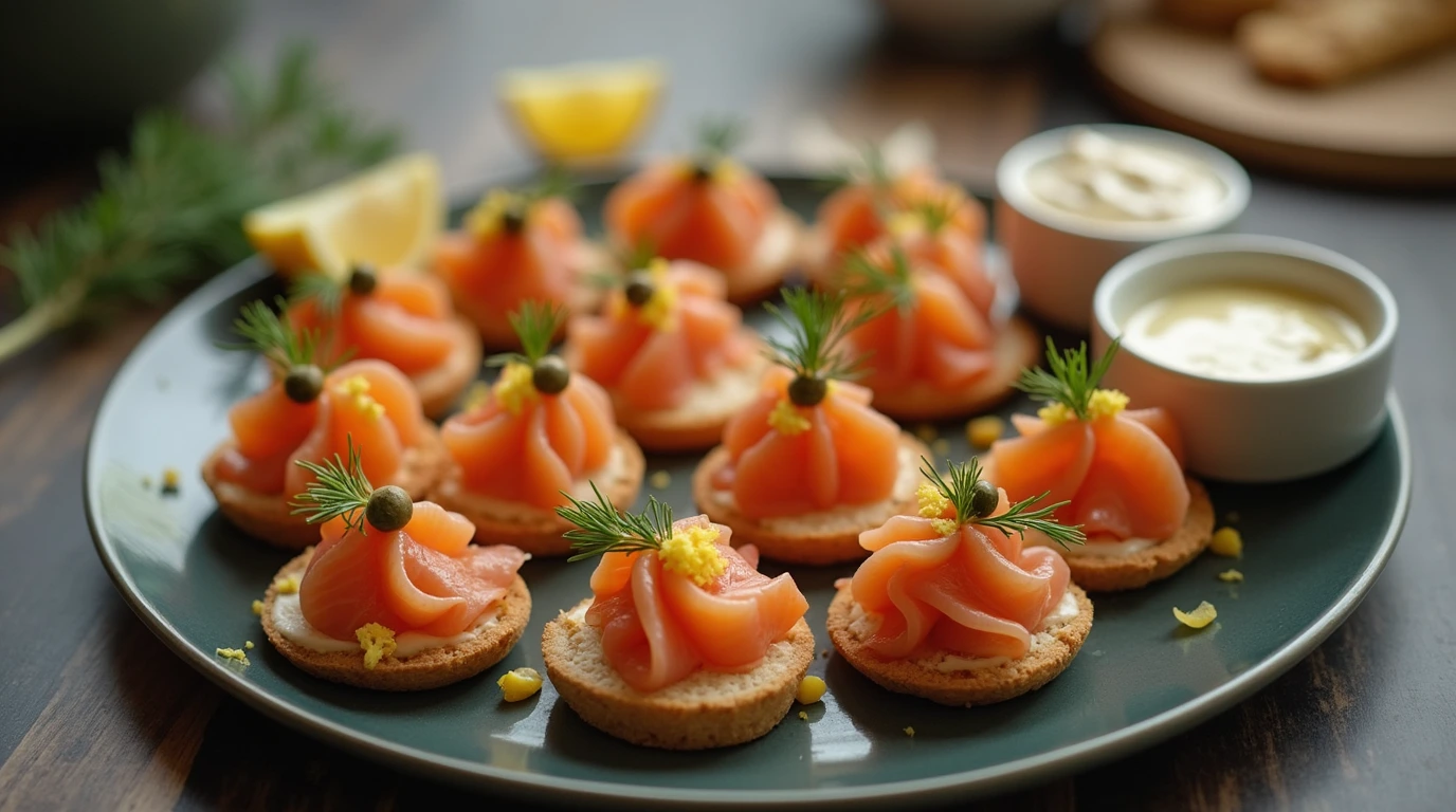 salmon hors d'oeuvres Smoked salmon bites recipe featuring delicate canapés on a plate, each topped with smoked salmon, a sprig of dill, capers, and a hint of lemon zest, accompanied by small bowls of creamy dipping sauces
