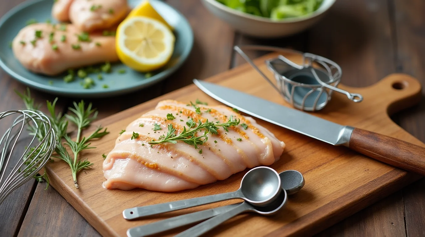 a collection of essential kitchen tools for preparing 3 Easy Thin Cut Chicken Breast Recipes for Dinner