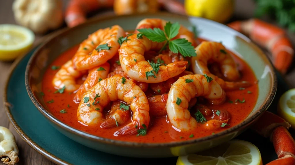 Shrimp in rich, red seafood boil sauce, garnished with parsley, from Top Creative Recipes’ ultimate seafood boil sauce recipe.