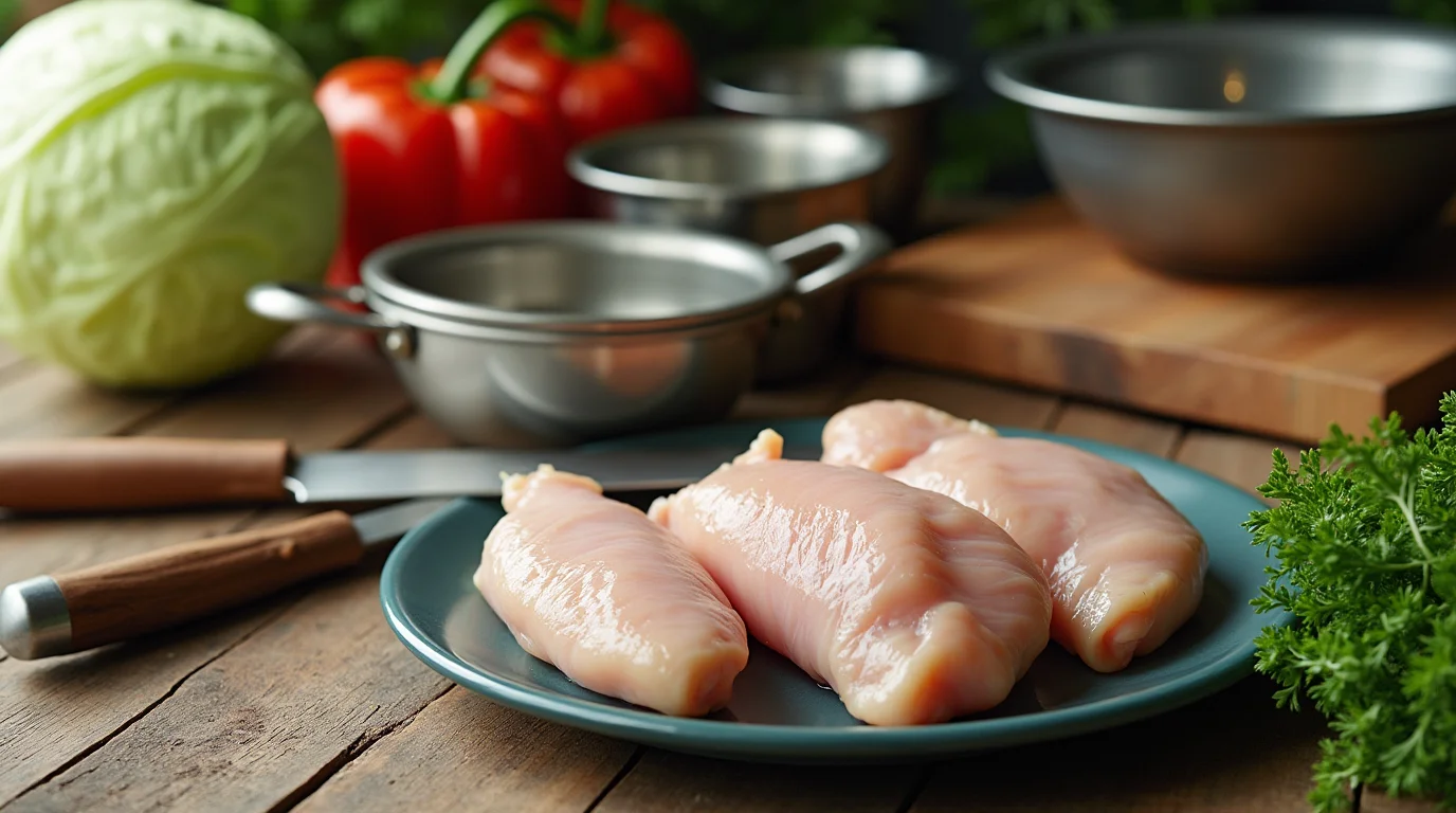 collection of kitchen tools chicken and cabbage recipes front