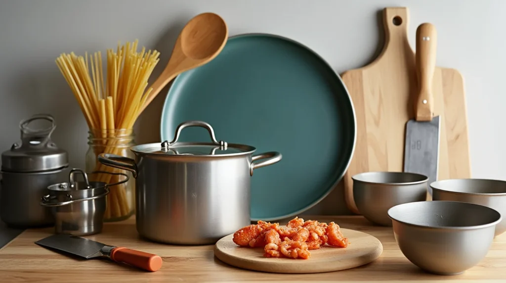 collection of kitchen tools for preparing Easy Lobster Pasta Recipe