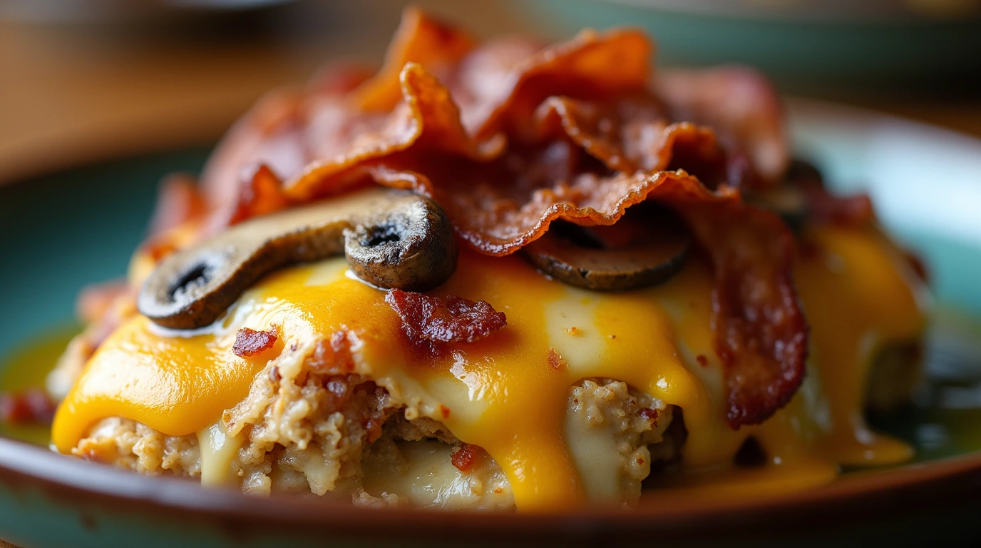 a plate of alice springs chicken with bacon and mushrooms