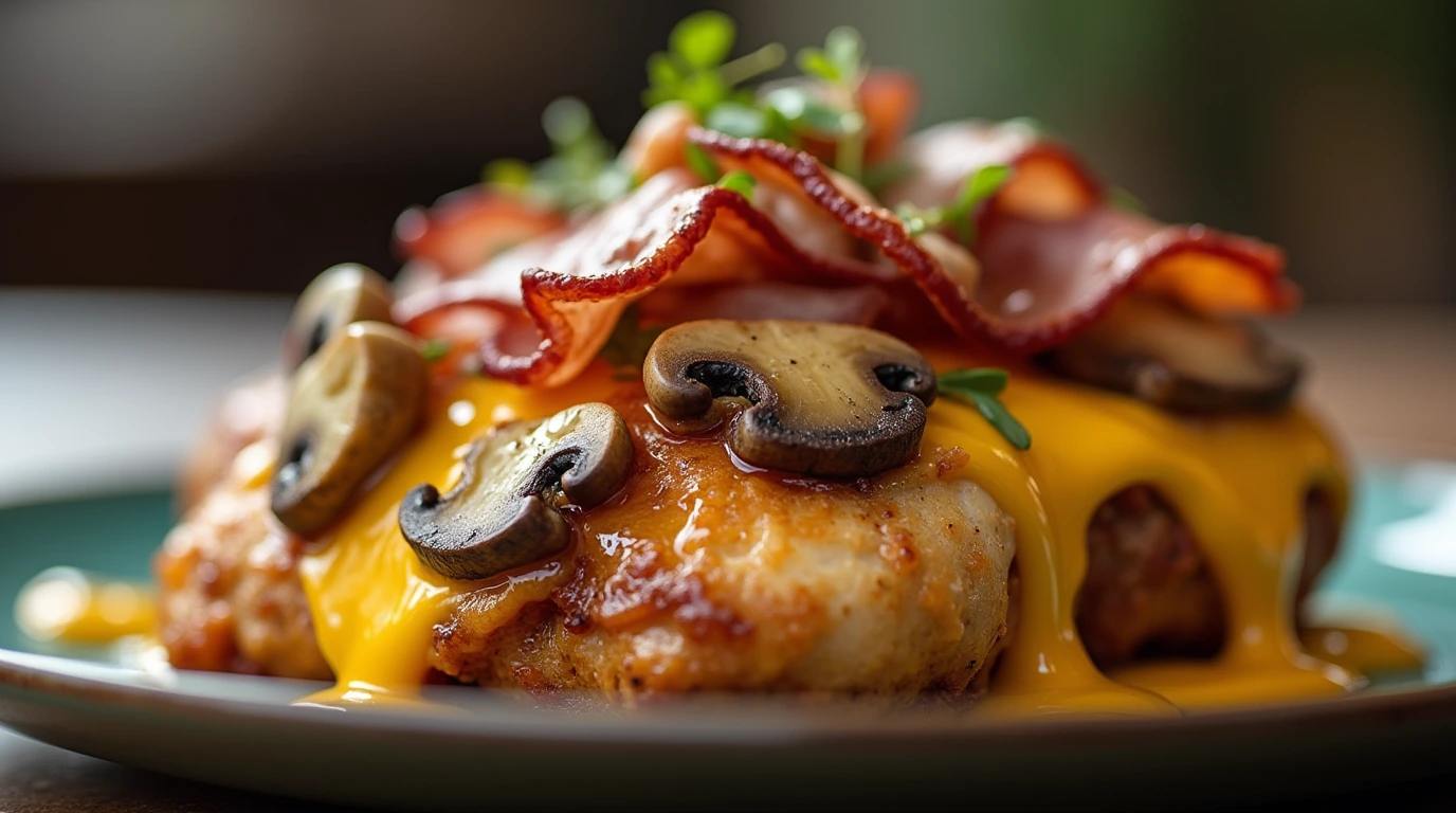 a plate of alice springs chicken with bacon and mushrooms