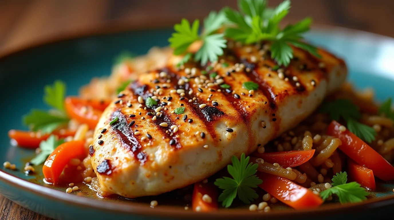 grilled chicken breast marinated in sesame ginger sauce seasoned 3 Easy Thin Cut Chicken Breast Recipes for Dinner front