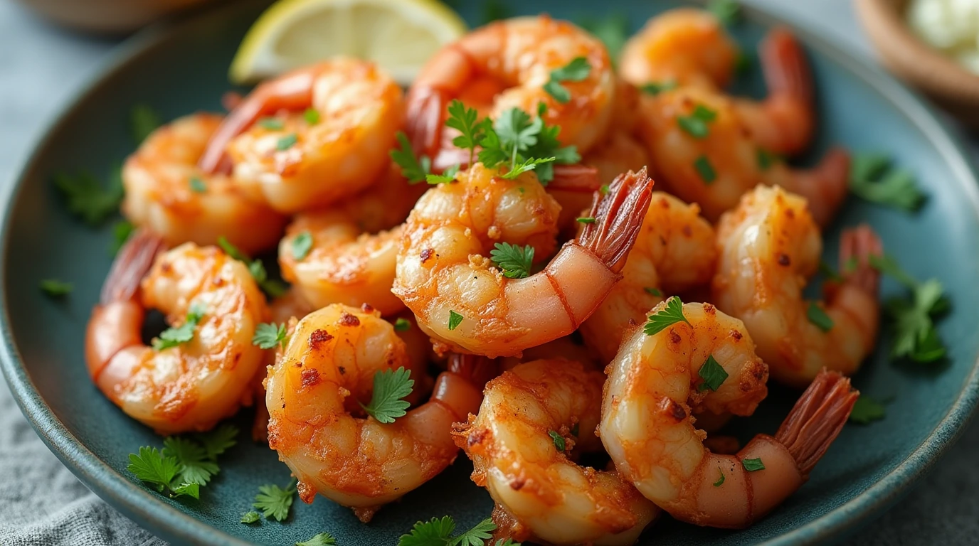 Delicious air fryer shrimp garnished with fresh herbs, served on a blue-green plate, showcasing the perfect golden texture and vibrant flavors. Recipe by Top Creative Recipes.