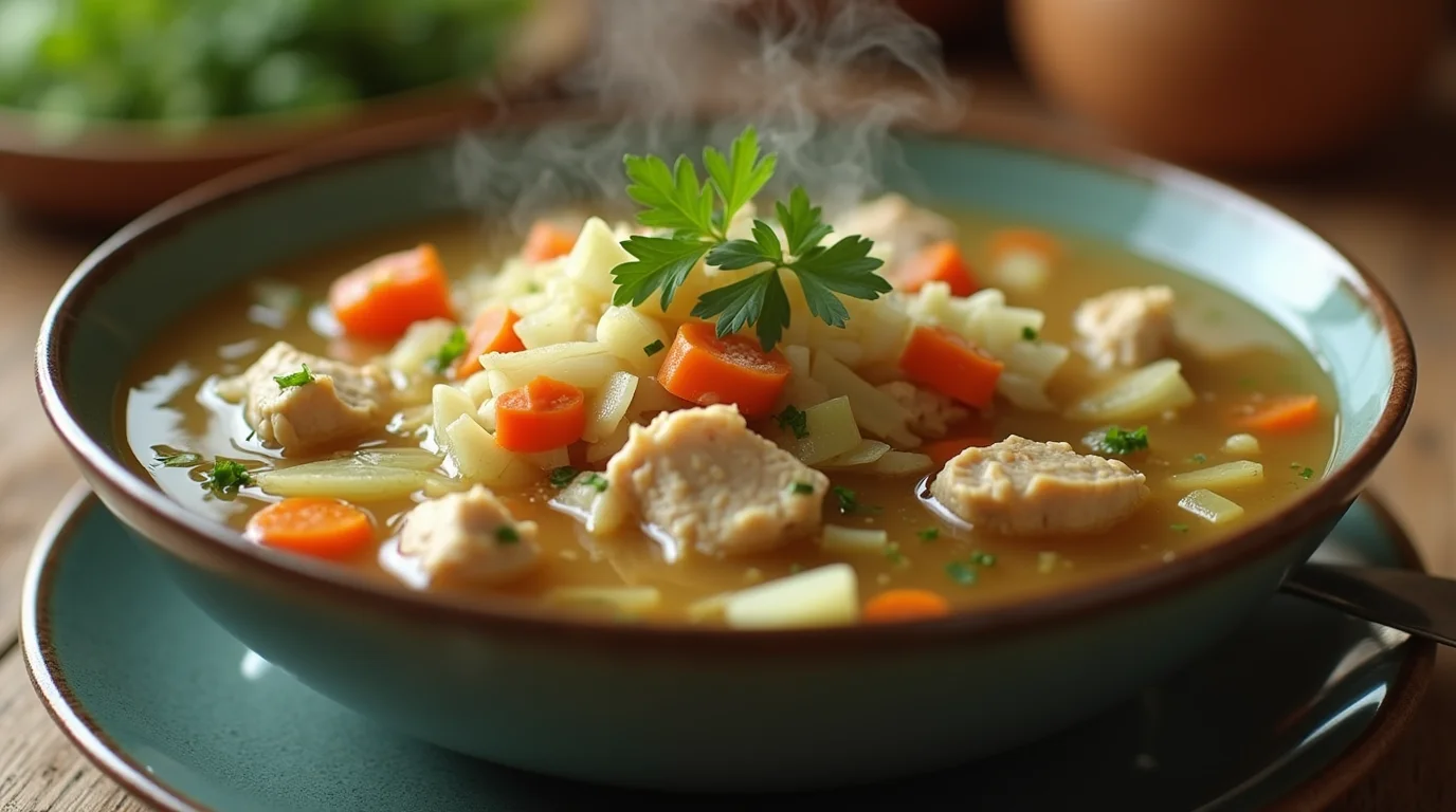 steaming bowl of hearty chicken and cabbage recipes soup 