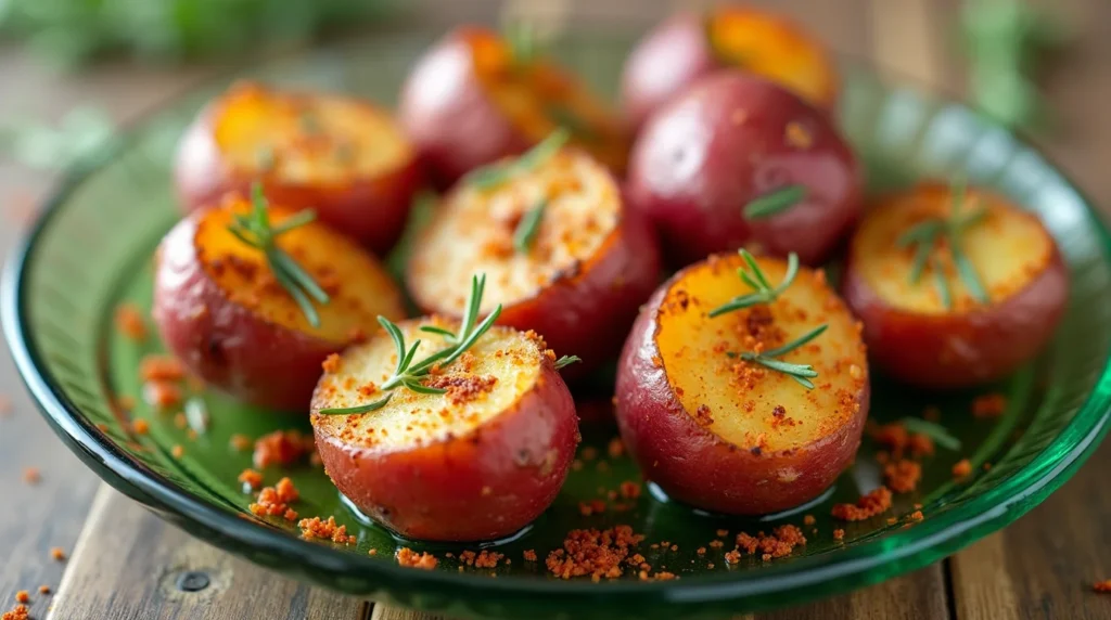 A plate of seasoned red potatoes, air-fried and garnished with rosemary sprigs and a sprinkle of seasoning. The potatoes are halved and presented on a green glass plate, highlighting their crispy and flavorful appearance.