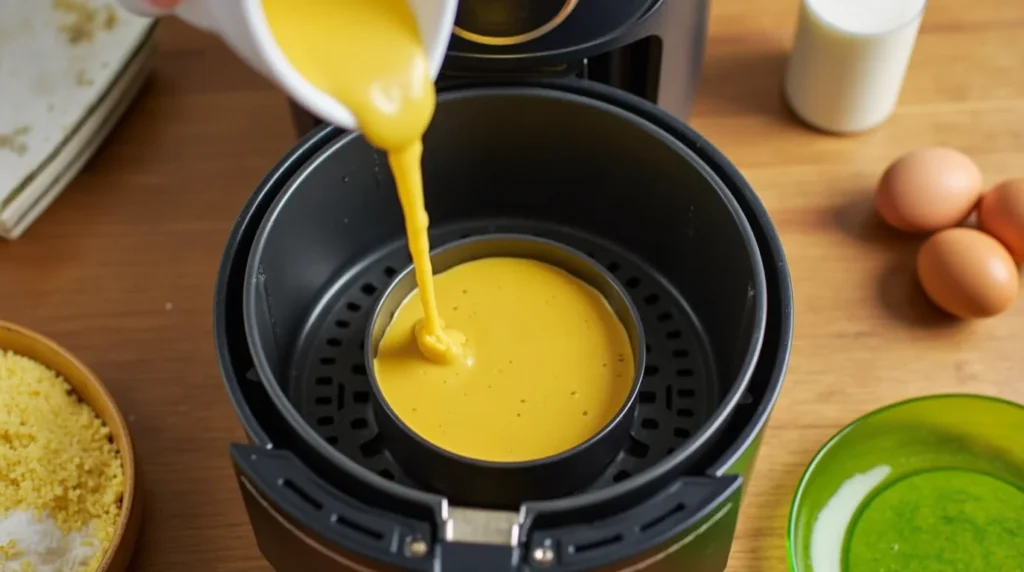 Pouring cornbread batter into a pan inside an air fryer, surrounded by ingredients like eggs and milk on a wooden countertop.