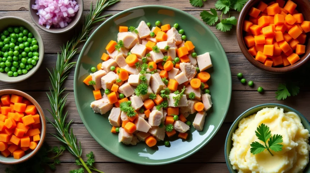 A top-down view of a green plate with diced chicken, carrots, peas, and garnished herbs, surrounded by small bowls of mashed potatoes, chopped carrots, peas, and fresh rosemary.