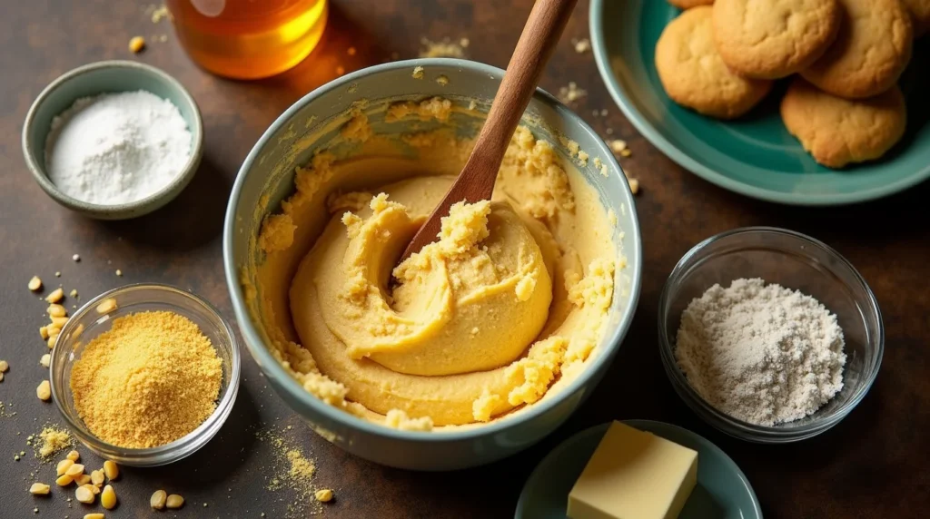 A mixing bowl filled with creamy cornbread cookie dough, surrounded by ingredients like flour, cornmeal, butter, and honey.