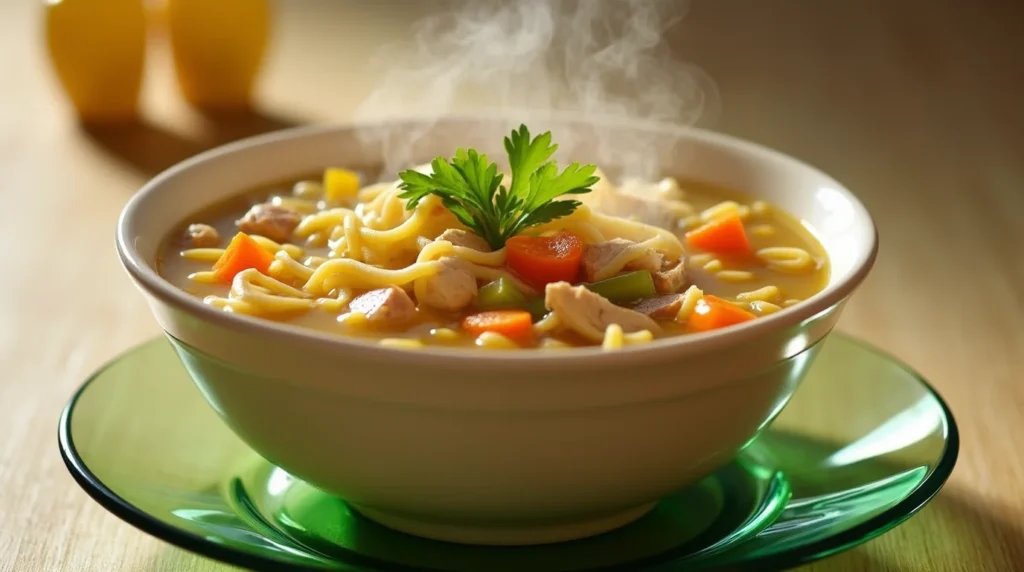 A close-up of a steaming bowl of chicken noodle soup in a white bowl on a green plate. The soup features tender chicken chunks, vibrant carrots, celery, and noodles, garnished with fresh parsley, set against a softly blurred warm background.