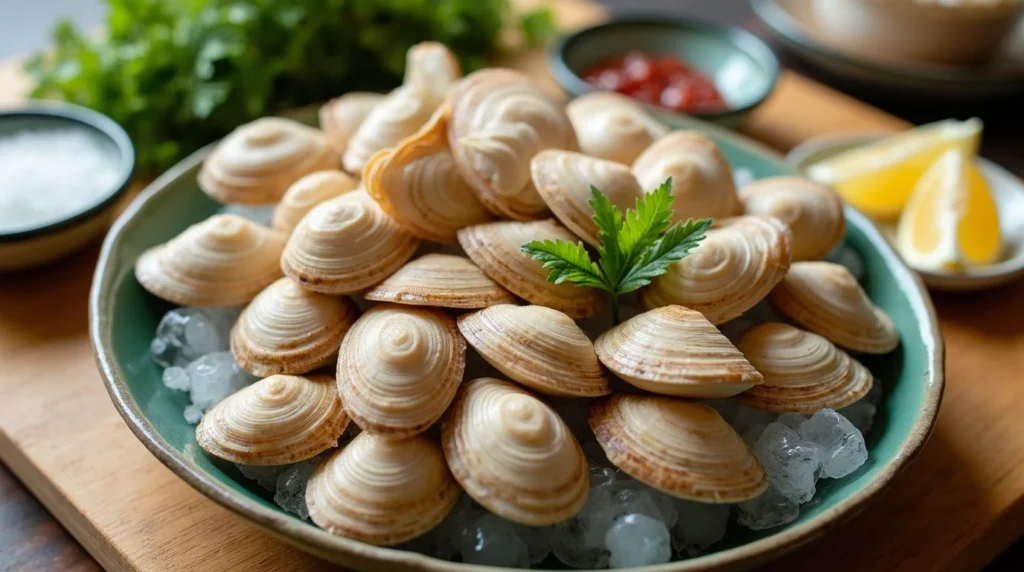 A bowl of fresh clams on ice garnished with parsley, with lemon wedges and dipping sauces in the background, perfect for grandmothers clam chowder recipe.
