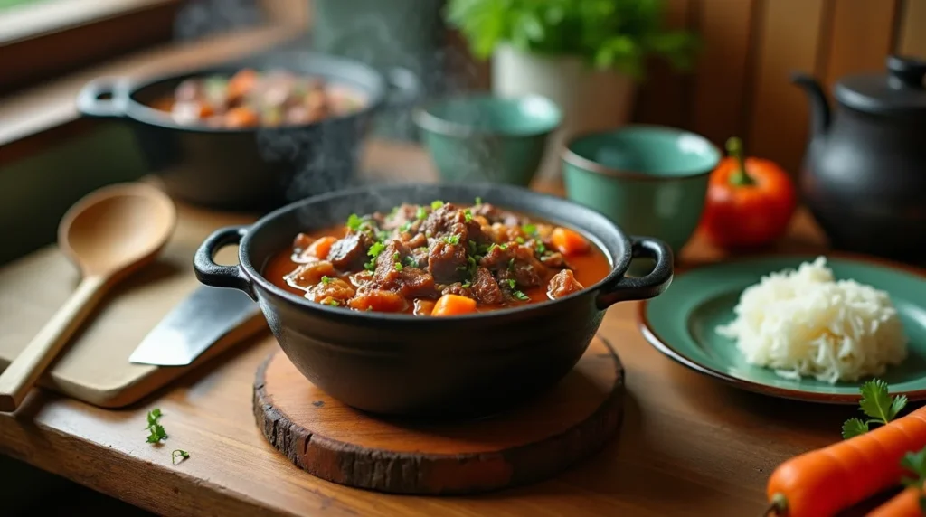 A steaming bowl of Japanese beef stew garnished with fresh parsley, served alongside fluffy white rice and surrounded by vibrant vegetables and rustic cooking tools.