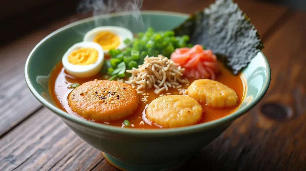 beautifully arranged bowl of ramen topped with various types of fish cakes