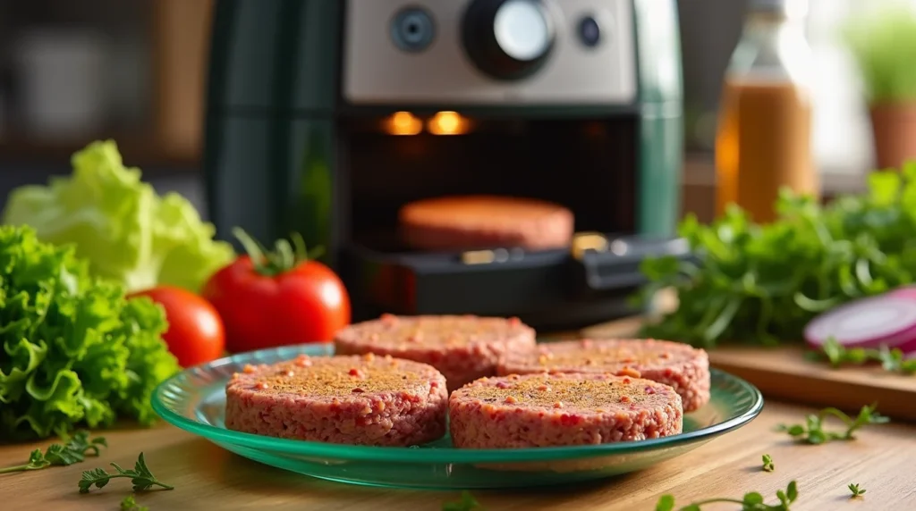 bright kitchen scene featuring raw turkey burger patties seasoned and shaped