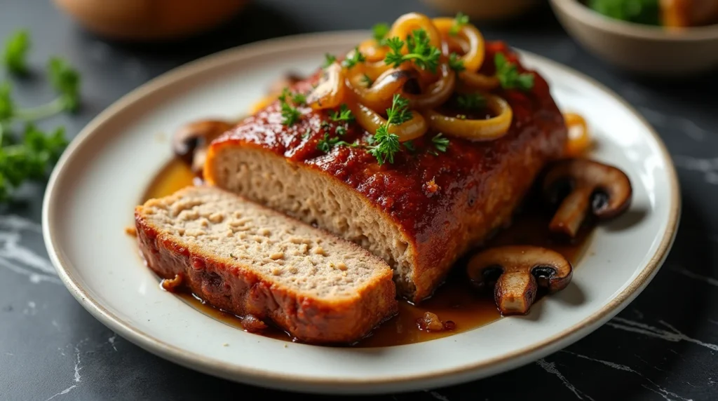 Moist chicken meatloaf topped with caramelized onions and mushrooms on a ceramic plate.