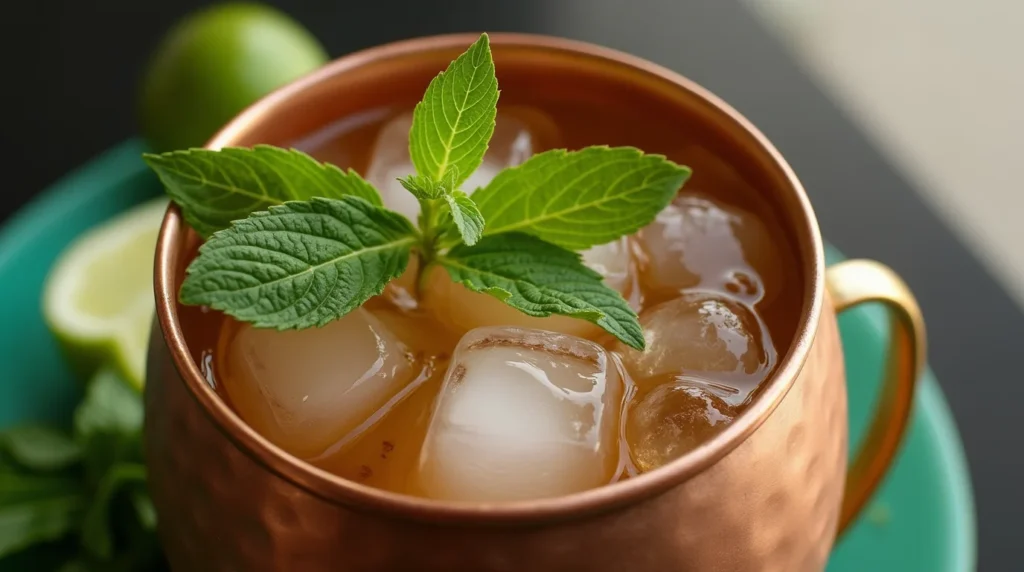 A refreshing Moscow Mule cocktail served in a shiny copper mug, topped with fresh mint leaves and ice cubes, with lime wedges in the background.