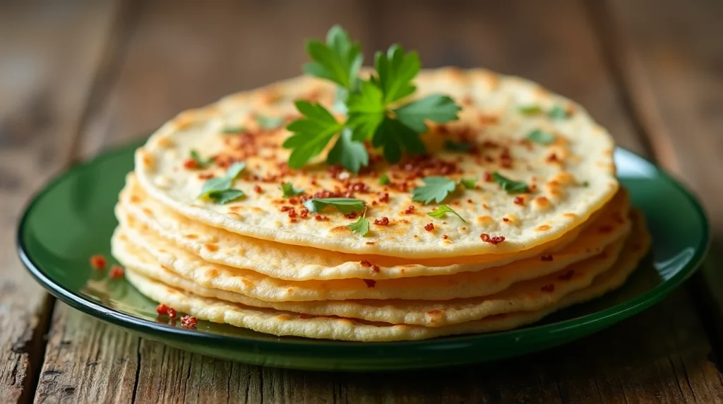 A stack of warm, golden-brown sourdough tortillas garnished with fresh parsley and chili flakes on a green plate.