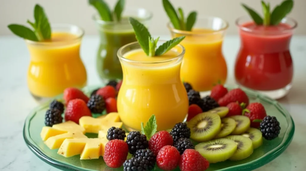A selection of vibrant tropical fruit juices in glass jars garnished with mint, surrounded by a variety of fresh fruits including kiwi slices, raspberries, blackberries, and star-shaped pineapple on a green glass plate.
