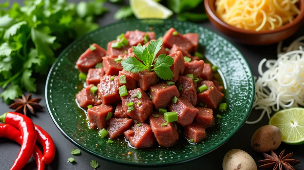 A vibrant display of fresh ingredients for Vietnamese beef stew. The image showcases a plate of marinated beef cubes garnished with green onions and fresh parsley on a dark green plate. Surrounding the plate are essential stew ingredients, including red chili peppers, star anise, limes, noodles, potatoes, and fresh herbs.