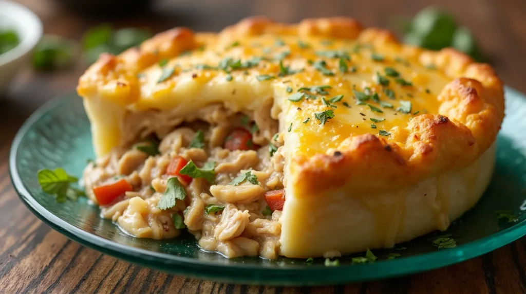 A close-up of a golden-brown chicken shepherd's pie with a slice removed, revealing a creamy filling of shredded chicken, red peppers, and herbs.