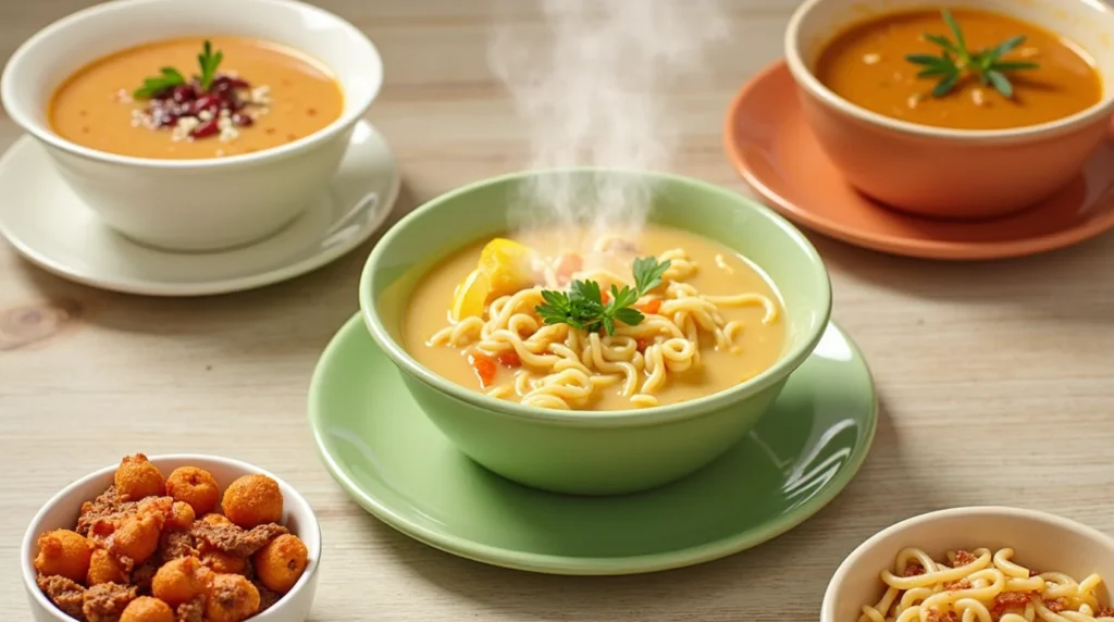A vibrant display featuring multiple bowls of soup, including a central steaming bowl of chicken noodle soup in a green bowl garnished with parsley, surrounded by other bowls of soups in different colors and textures. A small bowl of crispy croutons or fried toppings sits in the foreground, adding to the appealing spread.