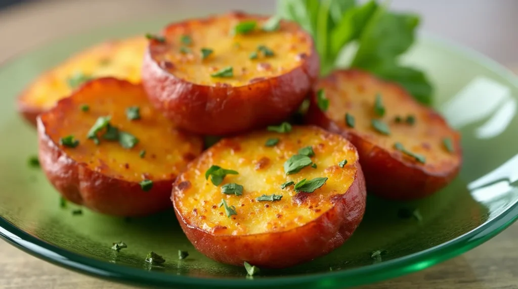 Crispy roasted red potatoes garnished with fresh herbs, served on a green plate.