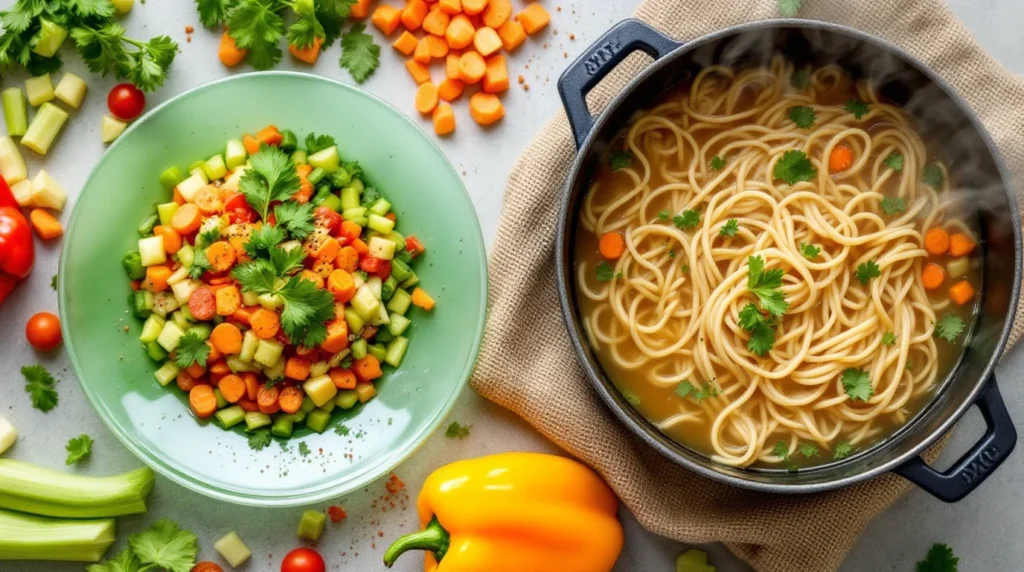 Overhead view of a kitchen counter featuring a bowl of colorful chopped vegetables and a pot of steaming noodle soup, surrounded by fresh ingredients like celery, bell peppers, and cherry tomatoes.
