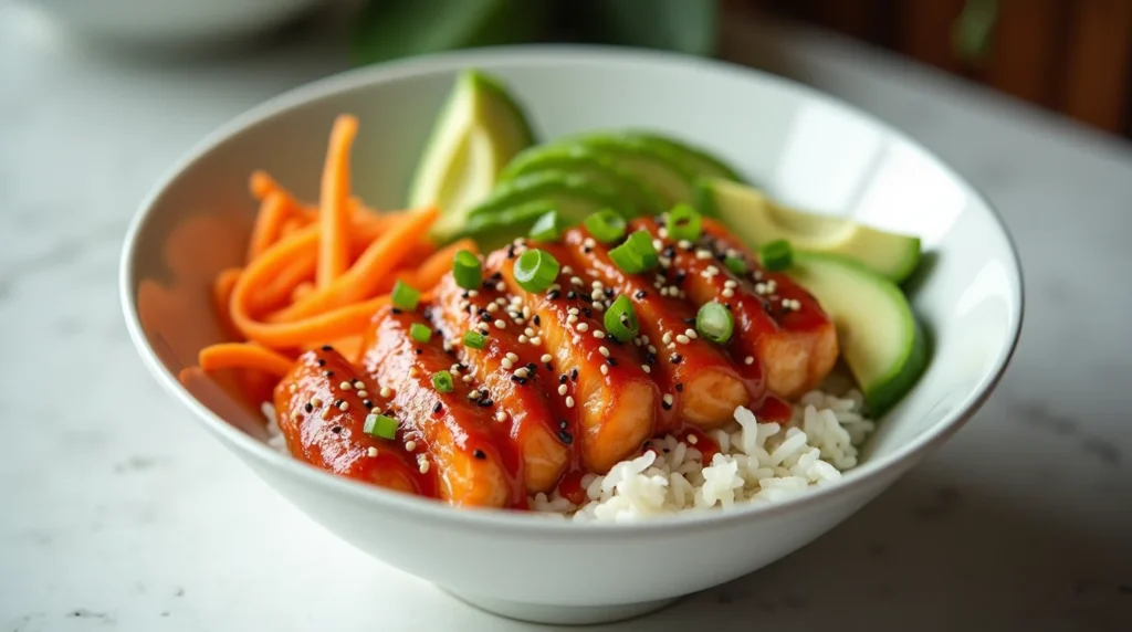 Salmon rice bowl recipe with glazed salmon, sliced avocado, shredded carrots, and steamed rice.