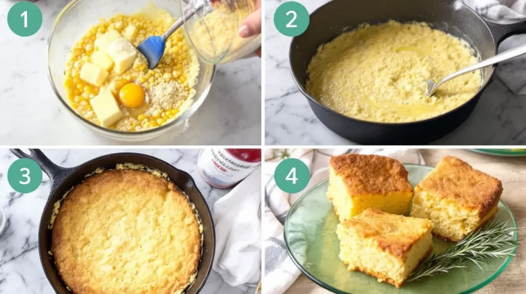 Step-by-step process of making honey butter cornbread, showing mixing ingredients, batter in a skillet, baked cornbread, and sliced pieces.