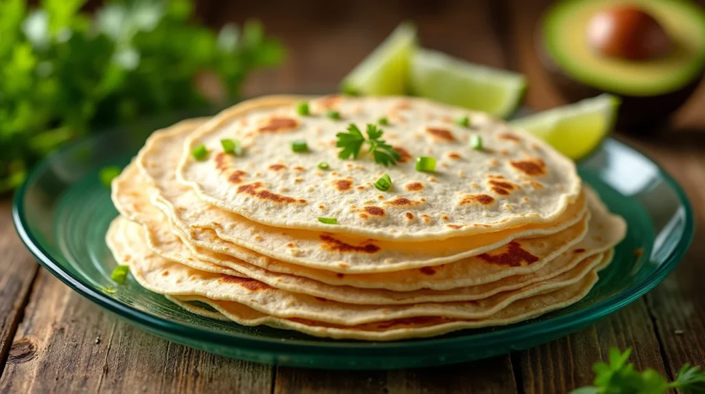 A stack of traditional Mexican tortillas garnished with fresh parsley and green onions on a green plate, served with lime wedges and avocado.