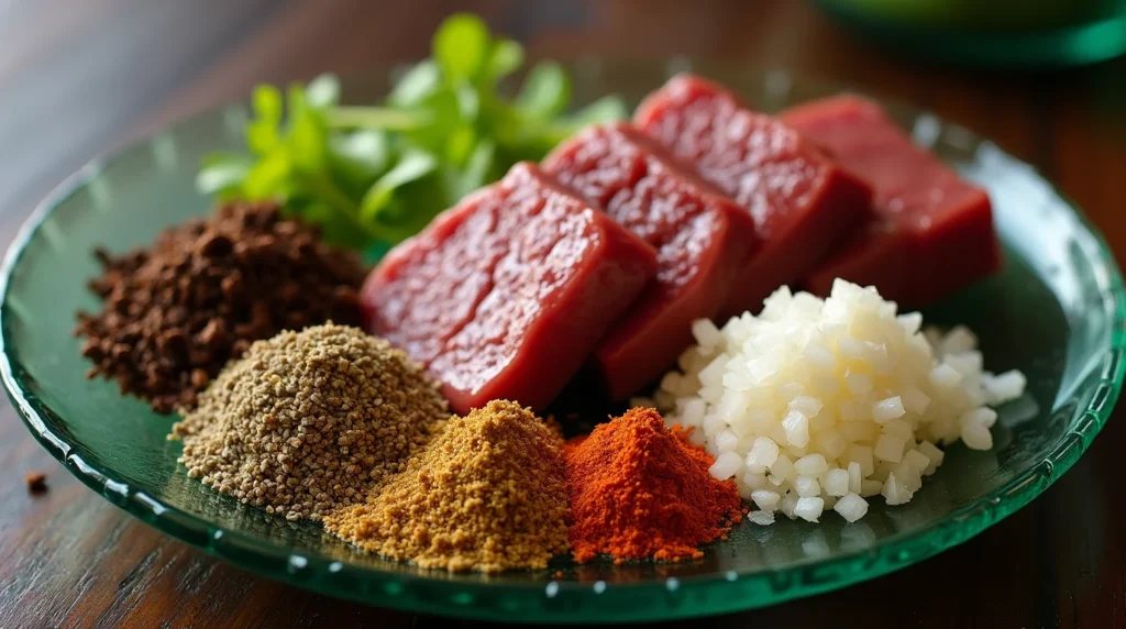 A vibrant display of fresh beef, chopped onions, and traditional Japanese seasonings including ground spices and herbs, arranged on a green plate.