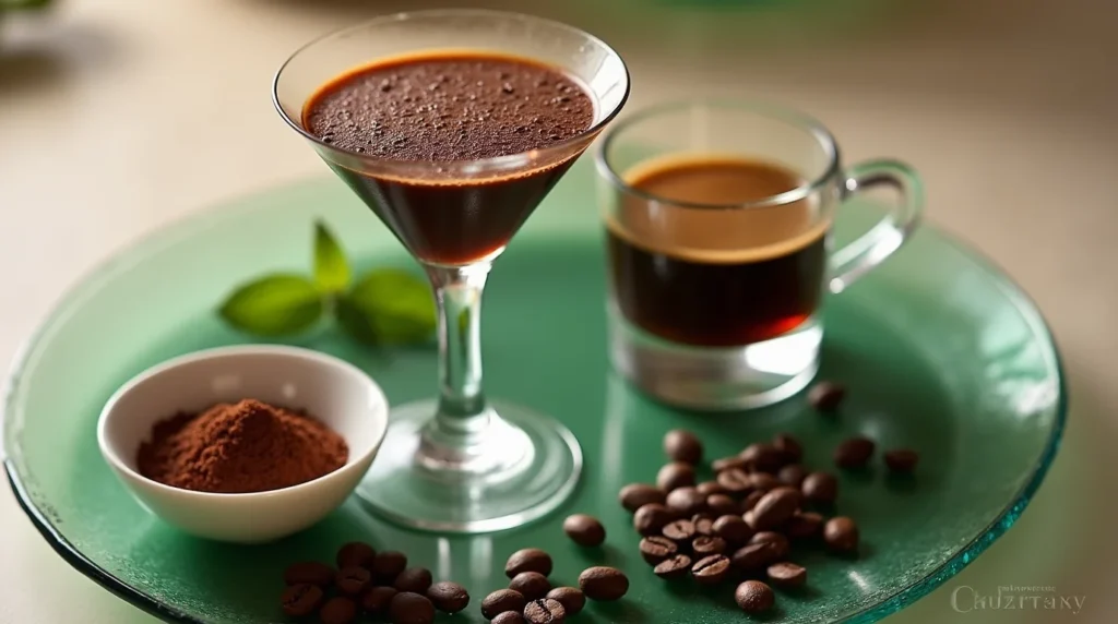 A beautifully arranged display featuring a chocolate espresso martini in a martini glass, accompanied by a shot of espresso, a bowl of cocoa powder, and scattered coffee beans. The setup rests on a green glass plate, with a sprig of mint adding a fresh touch.