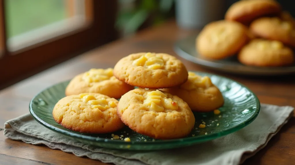 A plate of freshly baked honey butter cornbread cookies with a golden, soft texture, served on a green plate by a window.