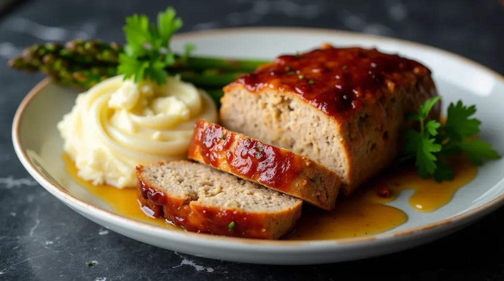 Sliced chicken meatloaf with mashed potatoes and asparagus on a plate