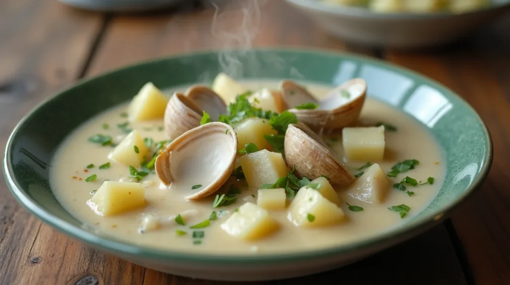 A steaming bowl of creamy clam chowder with diced potatoes and fresh parsley, an example of grandmother's clam chowder recipe.