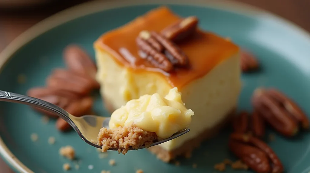 luscious creamy cheesecake filling on a fork glistening with smooth Pecan