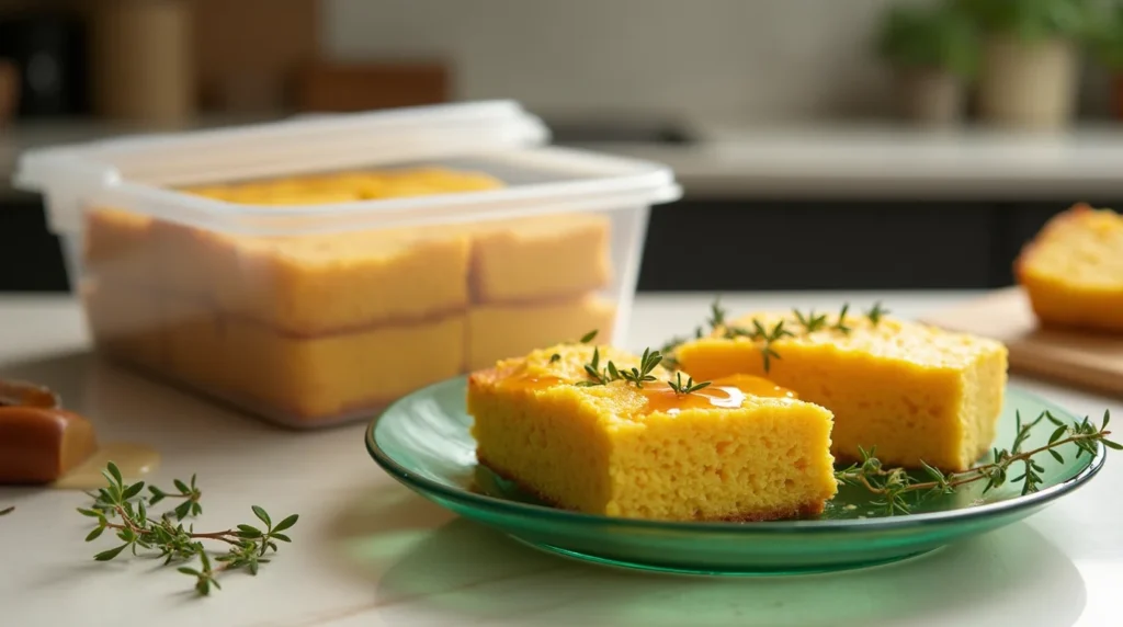 Freshly baked cornbread pieces on a plate with thyme garnish, alongside an airtight container of stored cornbread.