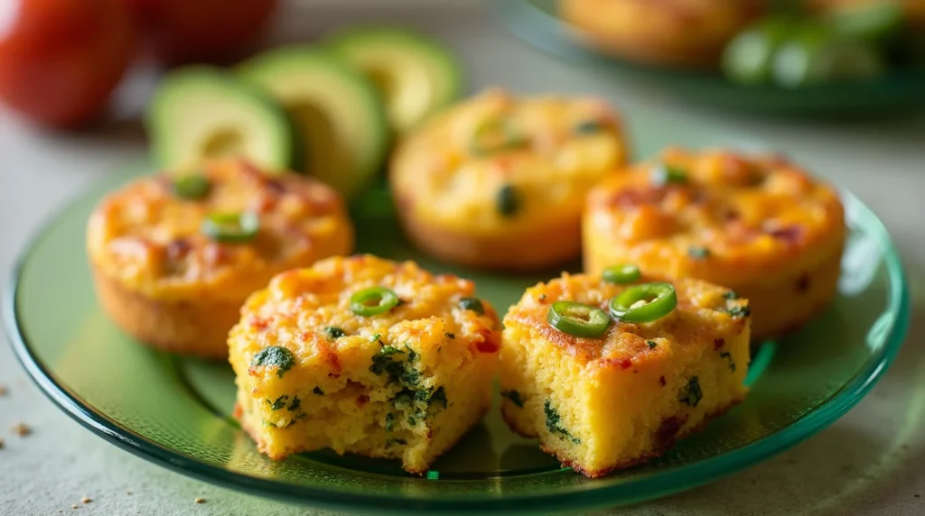 A plate of creative air fryer cornbread muffins topped with jalapeño slices and filled with colorful vegetables, accompanied by sliced avocado in the background.