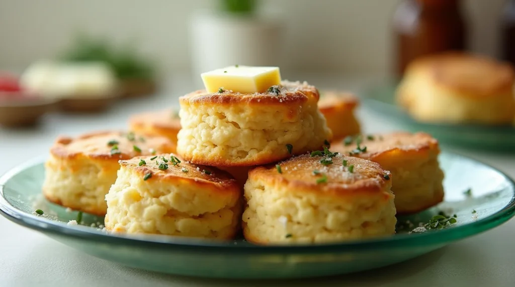 Fluffy, golden air fryer biscuits topped with melted butter and garnished with fresh herbs, served on a green plate.