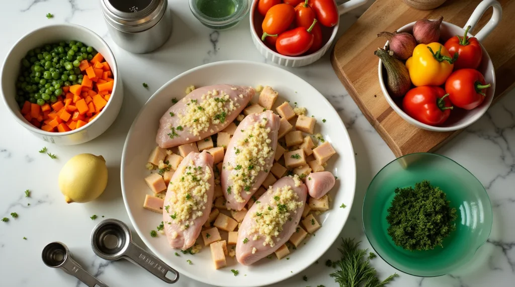 An overhead view of a kitchen counter featuring fresh ingredients for chicken shepherd's pie, including raw chicken breasts seasoned with garlic and parsley, diced vegetables, and fresh herbs.
