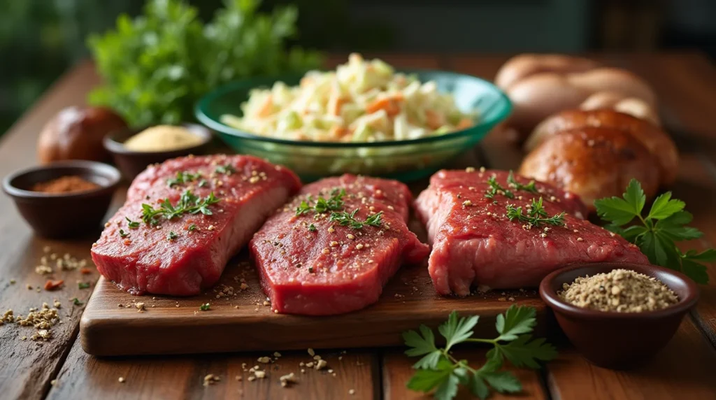 Fresh cuts of seasoned beef steaks on a wooden board, garnished with herbs, surrounded by spices, vegetables, and coleslaw in the background.